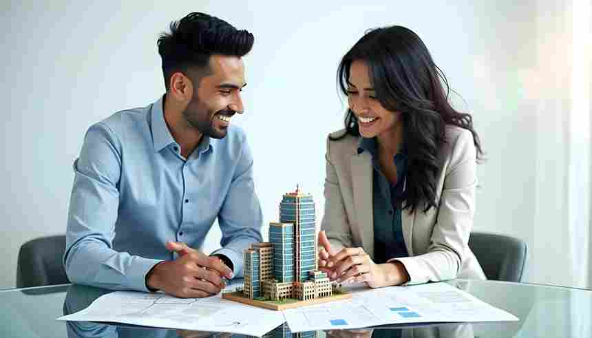 Happy couple discussing their future home while exploring the Best 3 & 4 BHK Flats in Latur with a property consultant.