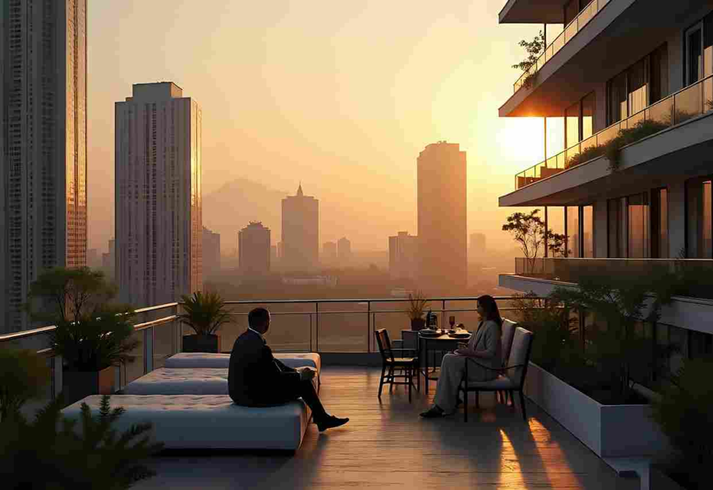 Residents enjoying a premium balcony sunset view from the Best 3 & 4 BHK Flats in Latur.